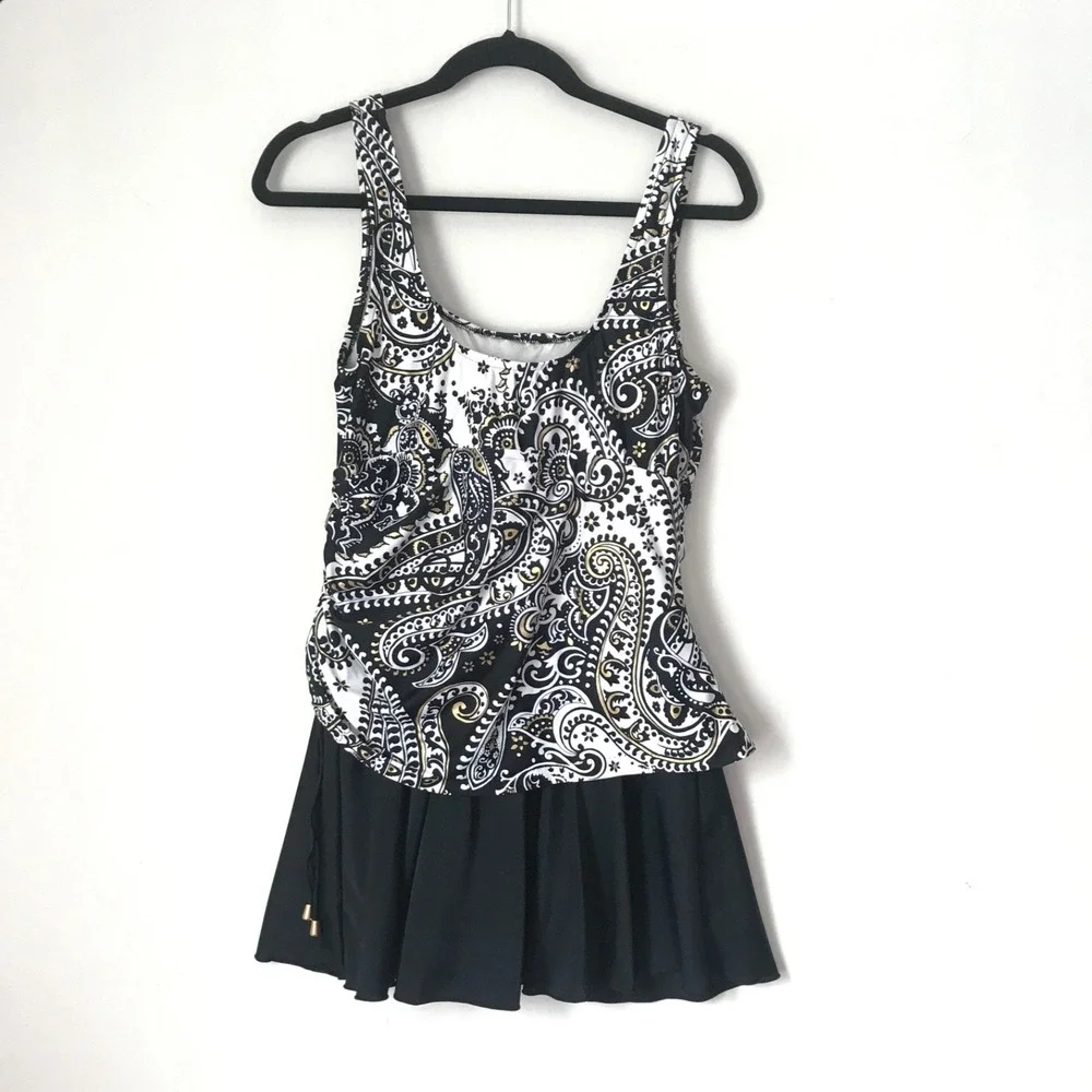 Maxine of Hollywood Swimdress Women Black Gold Paisley One Piece Swimsuit - 12
